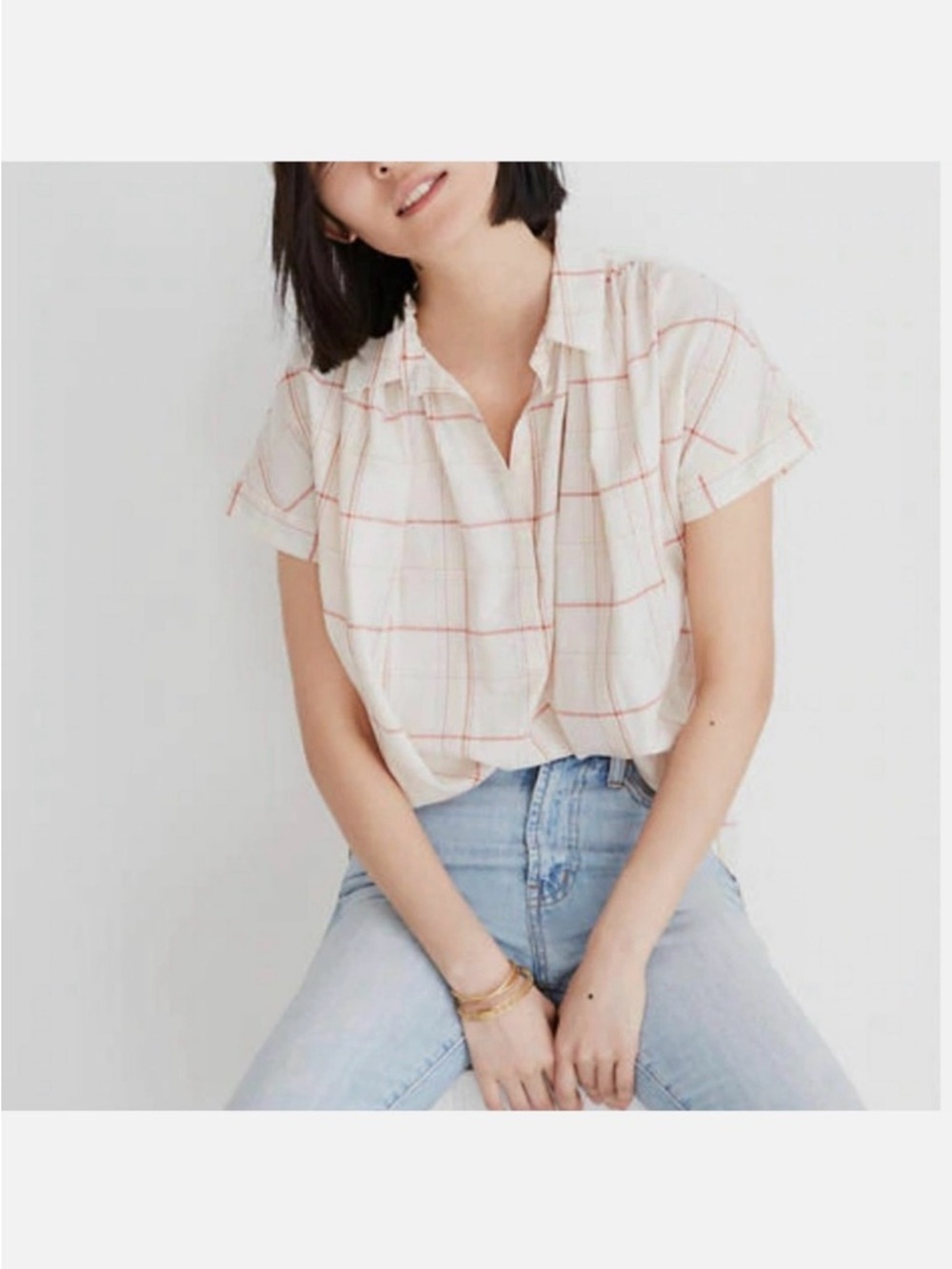 Madewell Cream and Pink Short Sleeve Plaid V-Neck Top